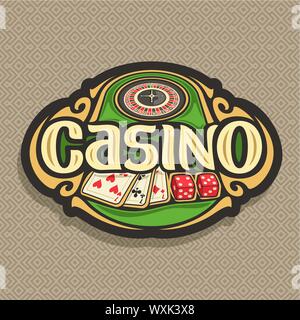 Il logo del vettore per il randello del casinò su sfondo marrone: ruota della roulette sul tavolo verde, scritte - casino, combinazione di carte da gioco 3 sette per il blackjack Illustrazione Vettoriale