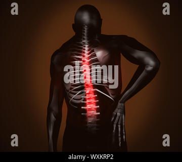Nero uomo digitale con il mal di schiena e la colonna vertebrale evidenziata Foto Stock