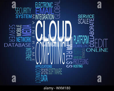 Il cloud computing termini insieme su sfondo blu Foto Stock