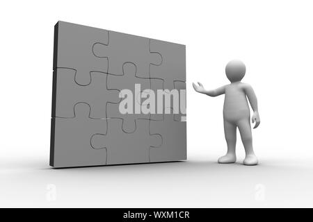 White figura umana che mostra risolto puzzle su sfondo bianco Foto Stock