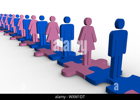 Linea di blu e rosa forme umane in piedi sopra ingranato jigsaw pezzi su sfondo bianco Foto Stock