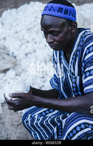 MALI Bougouni, il commercio equo e solidale e di cotone organico progetto, coltivatore di cotone in Boubou tradizionale abbigliamento / MALI, Bougouni, fairtrade Biobaumwolle Projekt - Salif Mékené Bagayoko, Biofarmer und Presidente der Kooperative des Dorf Faragouaran Foto Stock