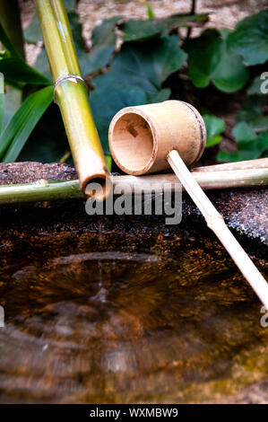 Fontana d'acqua di bambù in una cantina di sake a Osaka, Giappone. Foto Stock