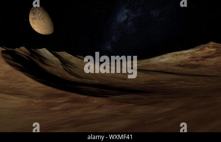 Pianeta alieno - rendering 3D illustrazione del computer. Rocce e luna Foto Stock