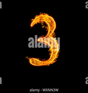 Fire Alphabet Number 3 tre isolati su sfondo nero. Foto Stock