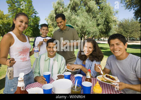 Famiglia riunita intorno a un tavolo da pic-nic Foto Stock