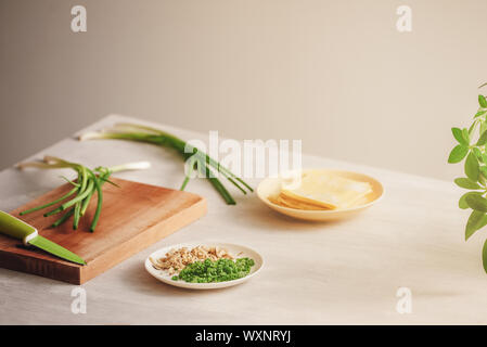 Wonton di incarto e ingredienti grezzi isolati in cucina Foto Stock