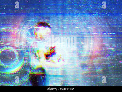 3D reso uomo in VR con occhiali grunge texture glitch, abstract tech sfondo. 3d'illustrazione. Foto Stock