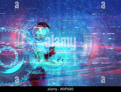 3D reso uomo in VR con occhiali grunge texture glitch, abstract tech sfondo. 3d'illustrazione. Foto Stock