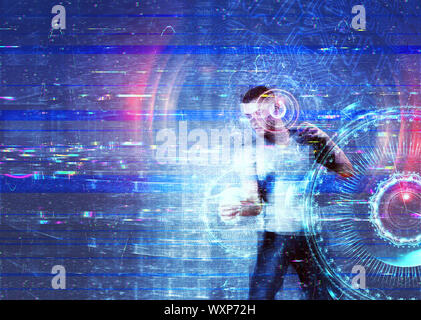 3D reso uomo in VR con occhiali grunge texture glitch, abstract tech sfondo. 3d'illustrazione. Foto Stock