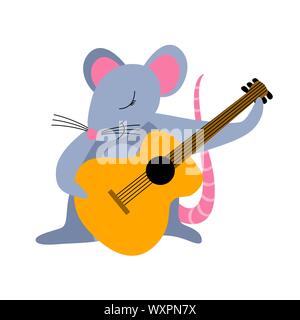 Cartoon carino mouse suonare la chitarra isolato su sfondo bianco. Appartamento illustrazione vettoriale. Illustrazione Vettoriale