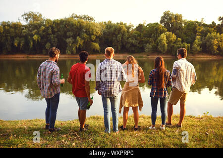 Vista posteriore di un gruppo di giovani in appoggio, comunica sul lago Foto Stock