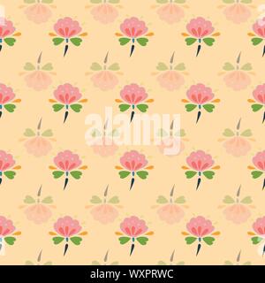 Albicocca arte folcloristica a motivo floreale con rosa e verde fiore. Modello di superficie di progettazione. Illustrazione Vettoriale