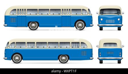 Retrò vettore bus mockup su sfondo bianco vista dal lato anteriore, posteriore. Tutti gli elementi in gruppi su livelli separati per facilitare le operazioni di editing e ricolorare Illustrazione Vettoriale