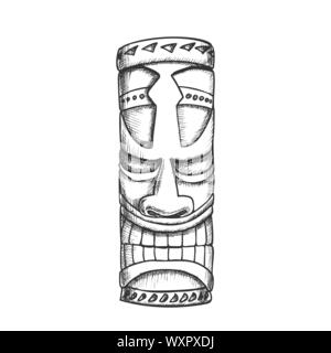 Idolo Tiki Hawaiiano statua in legno vettore monocromatica Illustrazione Vettoriale