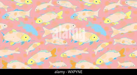 Colorato sealife goldfish koi seamless pattern. Con tocco geometrico nei toni del blu, rosa e giallo. Moderno, grafica in stile stravagante. Perfetto per ristorante menue, packaging design, aqua e gli amanti del mare. Home decor e sationary. Illustrazione Vettoriale