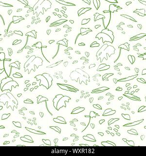 Moderna giungla esotica leaf pattern. Sparse foglia botanico, line art doodle stile, in verde pastello toni. Perfetto per la progettazione di packaging, home decor, tessuto, spa, carta da parati e fermo. Illustrazione Vettoriale