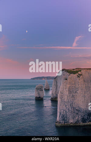 Old Harry Rocks sono tre formazioni di gesso, comprendente una pila ed un moncone, situato al punto di Handfast, sull'Isola di Purbeck nel Dorset, Engla meridionale Foto Stock