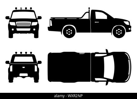 Pickup truck silhouette su sfondo bianco. Icone del veicolo imposta vista dal lato anteriore, posteriore e superiore Illustrazione Vettoriale