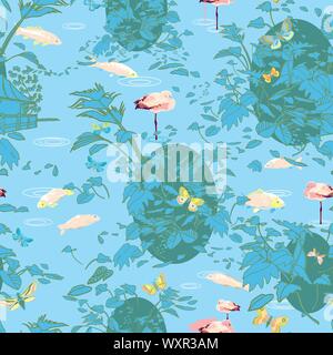 Lo stile di attacco giungla esotica paesaggio pattern. Foglia di botanica, linea arte stile di attacco, in pastello blu toni. Bungalow LAGO, pesce, butterfly. La progettazione di packaging, home decor, fermo. Illustrazione Vettoriale