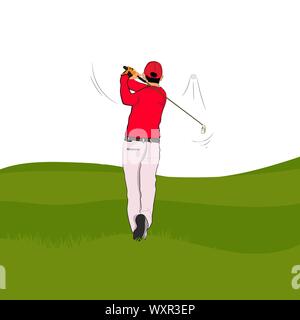 Giocatore di Golf in polo rossa con Golf swing sul prato verde, illustrazione di vettore isolato sfondo bianco Illustrazione Vettoriale