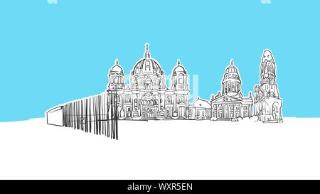 Berlino Germania Skyline Panorama disegno vettoriale. Disegnate a mano Immagine su sfondo blu. Illustrazione Vettoriale