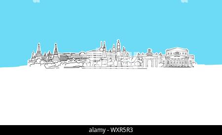 Mosca, Russia Panorama dello Skyline di disegno vettoriale. Disegnate a mano Immagine su sfondo blu. Illustrazione Vettoriale