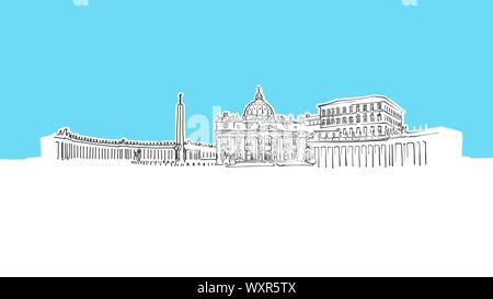 Città del Vaticano il panorama dello Skyline di disegno vettoriale. Disegnate a mano Immagine su sfondo blu. Illustrazione Vettoriale