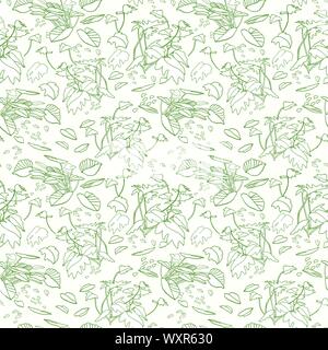 Moderna giungla esotica leaf pattern. Sparse foglia botanico, line art doodle stile, in verde pastello toni. Perfetto per la progettazione di packaging, home decor, tessuto carta da parati e fermo. Illustrazione Vettoriale