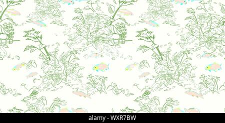 Lo stile di attacco giungla esotica paesaggio pattern. Foglia di botanica, linea arte stile di attacco, in verde pastello toni. Elegante stile storico. La progettazione di packaging, home decor, fermo. Illustrazione Vettoriale