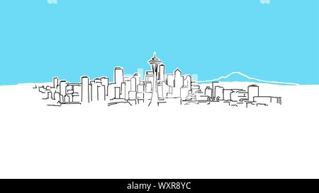 Seattle Skyline Panorama disegno vettoriale. Disegnate a mano Immagine su sfondo blu. Illustrazione Vettoriale