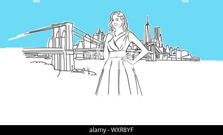 Ragazza di fronte della skyline di New York Panorama disegno vettoriale. Disegnate a mano Immagine su sfondo blu. Illustrazione Vettoriale