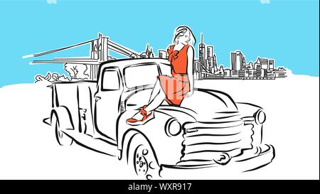 Ragazza sulla macchina davanti a New York skyline della città Panorama disegno vettoriale. Disegnate a mano Immagine su sfondo blu. Illustrazione Vettoriale