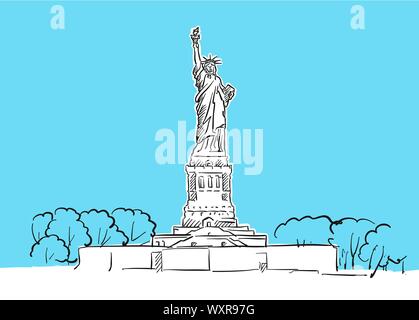 Statua della Libertà Panorama dello Skyline di disegno vettoriale. Disegnate a mano Immagine su sfondo blu. Illustrazione Vettoriale