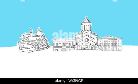 Tbilisi Georgia Panorama dello Skyline di disegno vettoriale. Disegnate a mano Immagine su sfondo blu. Illustrazione Vettoriale