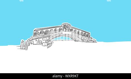 Venezia Ponte di Rialto Panorama dello Skyline di disegno vettoriale. Disegnate a mano Immagine su sfondo blu. Illustrazione Vettoriale