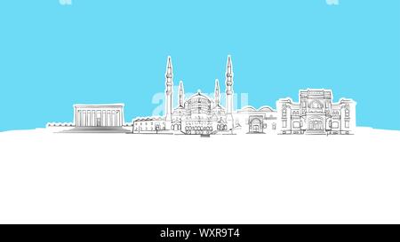 Ankara, Turchia Panorama dello Skyline di disegno vettoriale. Disegnate a mano Immagine su sfondo blu. Illustrazione Vettoriale