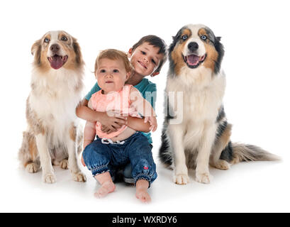 Bambini e cani in font di sfondo bianco Foto Stock