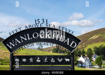 Villaggio Wanlockhead segno, Scotlands villaggio più alto. Dumfries and Galloway, Scottish Borders, Scozia Foto Stock