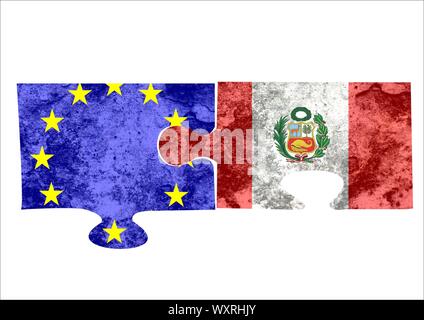 Bandiera del Perù puzzle, bandiera peruviana uniti con altri flag di paese Foto Stock