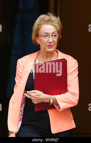 Il segretario di Stato per gli affari di energia e di strategia industriale Andrea Leadsom è visto lasciare n. 10 di Downing Street dopo aver frequentato il settimanale riunione del gabinetto. Foto Stock