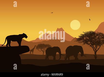 Illustrazione realistica di African Safari con il paesaggio di montagna e gli alberi, Leone e elefante. Giraffa e volo di uccelli. Sotto il cielo arancione con risi Illustrazione Vettoriale