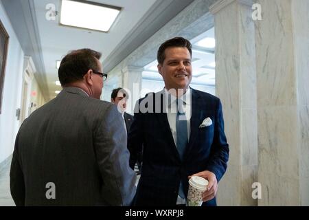 Washington, Stati Uniti d'America. Xvii Sep, 2019. Rappresentante degli Stati Uniti Matt Gaetz (repubblicano della Florida) arriva alla Camera dei rappresentanti degli Stati Uniti Comitato per il potere giudiziario audizione del Campidoglio di Washington, DC, Stati Uniti il 17 settembre 2019. Credito: Stefani Reynolds/CNP | Utilizzo di credito in tutto il mondo: dpa/Alamy Live News Foto Stock