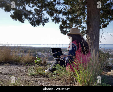 Attraente ragazza freelancer lavorando a un computer portatile mentre è seduto in ombra sotto un albero Foto Stock