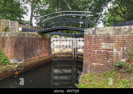 Tipico pound serratura con pareti di mattoni e cancelli in legno sul Basingstoke Canal e la strada alzaia Knaphill, Woking, Surrey, Inghilterra sudorientale, REGNO UNITO Foto Stock