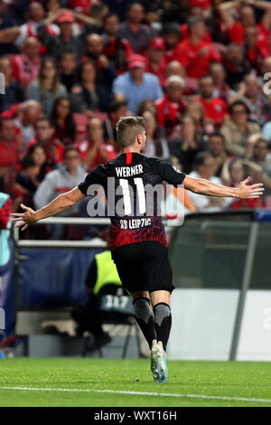 Lisbona, Portogallo. Xvii Sep, 2019. Timo Werner di RB Leipzig celebra dopo un goal durante la UEFA Champions League gruppo G partita di calcio tra SL Benfica e RB Leipzig a Luz stadium di Lisbona, in Portogallo il 17 settembre 2019. Credito: Pedro Fiuza/ZUMA filo/Alamy Live News Foto Stock