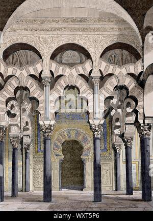 España. Andalusia. Córdoba. Interior de la Mezquita. Arcos lobulados en la antesala del mihrab. Dibujo por Vicente Urrabieta. Grabado. Crónica General de España, Historia Ilustrada y Descriptiva de sus Provincias. Andalucía, 1867. Coloreado. Foto Stock
