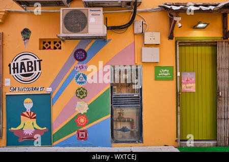 Un back lane decorate con colorati dipinti murali e simboli in Kampong Glam zona, Singapore, vicino al punto di riferimento la Moschea del Sultano Foto Stock