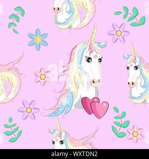 Carino unicorns seamless pattern. I bambini con pattern unicorns, fiori, palloncini, nuvole e rainbow Illustrazione Vettoriale