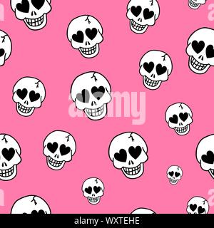 Deadly amur sfondo rosa. Texture di vettore. Sfondo senza soluzione di continuità con i cuori e teschi. Cranio amore modello cuore. Illustrazione Vettoriale